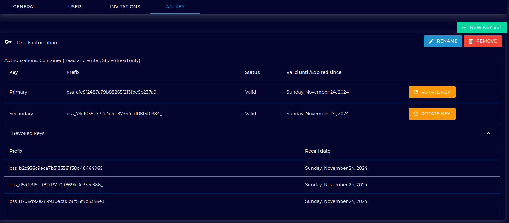 Api Key Set Overview Management Page